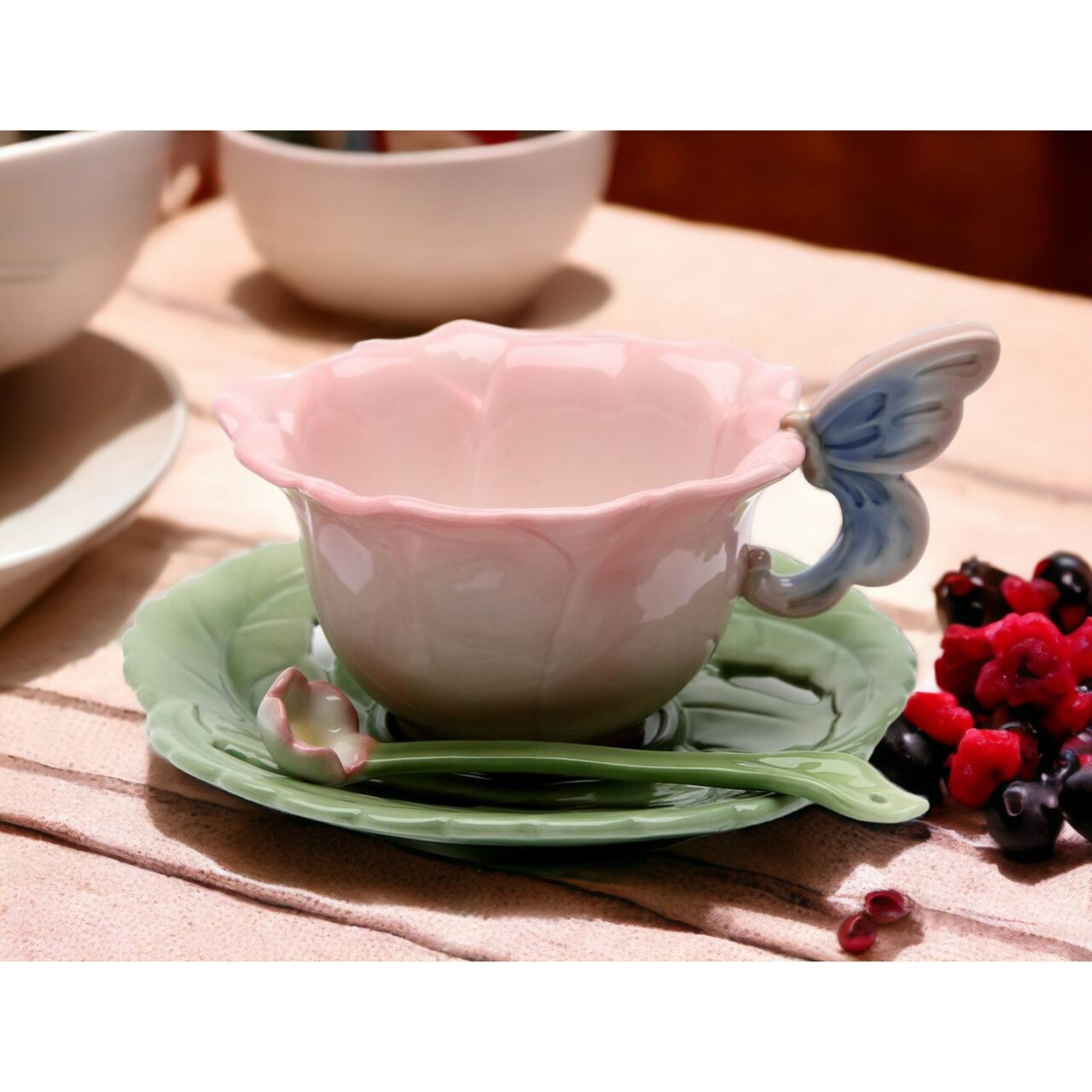 Ceramic Rose Cup and Saucer and Spoon 2 Sets, Tea Coffee Teacup Mug Saucer Spoon